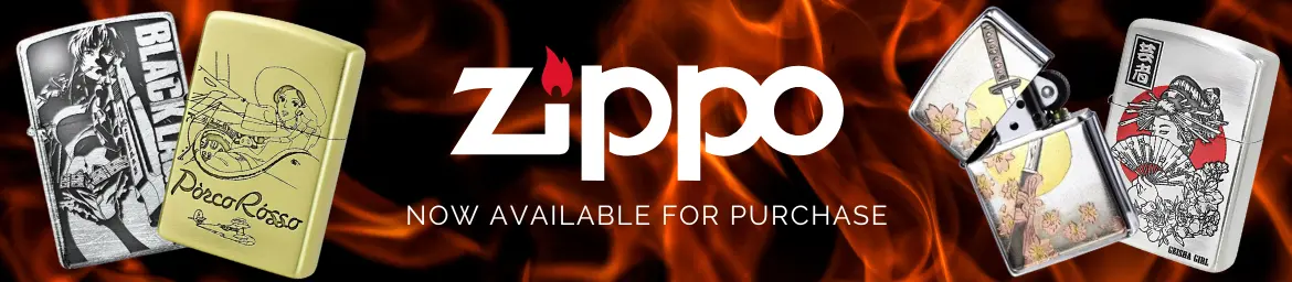 Website banner with a flames background, four zippo lighters with various japanese designs (Two anime lighters, black lagoon and Studio Ghibli Porco Rosso, one samurai sword lighter, and one woodblock print geisha lighter) with the official Zippo logo in the middle and text that says "now available for purchase"