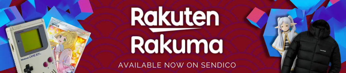 White text which says "Rakuten Rakuma - Available Now on Sendico" on a red background, with a picture of a gameboy, a pokemon card, an anime figure of Freiren and a montbell puffer jacket to show what kind of goods you can purchase on Rakuma