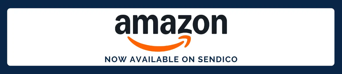 The Amazon logo with the words "NOW AVAILABLE ON SENDICO" written underneath. The banner is on a clear background with a dark blue border